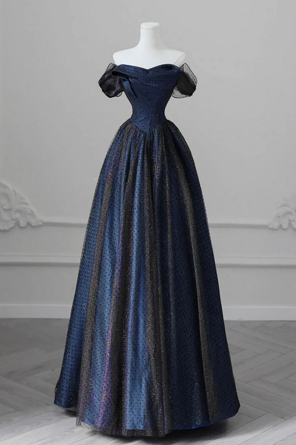 A Line Off Shoulder Satin Tulle Dark Blue Long Prom Dress, Long Formal Promfast A Line Off Shoulder Satin Tulle Dark Blue Long Prom Dress, Long Formal Promfast