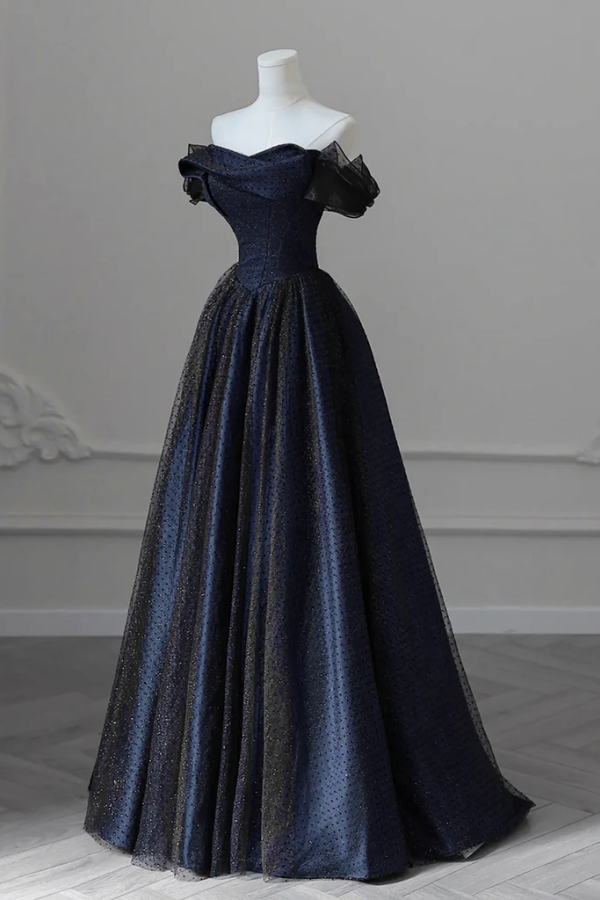 off shoulder midnight tulle prom dress A Line Off Shoulder Satin Tulle Dark Blue Long Prom Dress, Long Formal –  Promfast