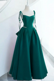 Green Satin Straps Beaded A Line Long Party Dress, Evening Dress Prom Dress PFP2817
