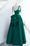 Green Satin Straps Beaded A Line Long Party Dress, Evening Dress Prom Dress PFP2817