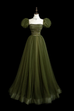 A Line Puff Sleeves Tulle Sequin Green Long Prom Dress, Evening Dress PFP2842