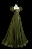 A Line Puff Sleeves Tulle Sequin Green Long Prom Dress, Evening Dress PFP2842