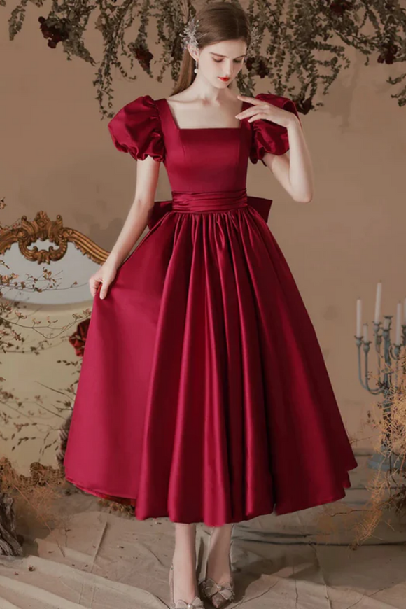 Wine Red Satin Tea Length Short Sleeves Party Dress, Homecoming Dress Promfast Wine Red Satin Tea Length Short Sleeves Party Dress, Homecoming Dress Promfast