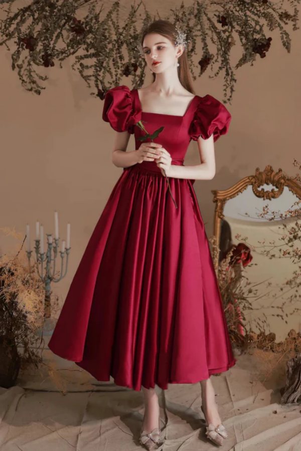red tea party dress Red Midi Dress, Elegant Birthday Outfit for Women, Puff Sleeve Tea Length Dress for Celebration, Dinner or Special Occasion