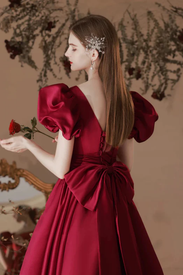 red satin tea length dress Red Off Shoulder Tea Length Midi Dress Elegant Evening Gown Formal Cocktail Outfit Prom Party Dress Classic Red Formal Wear