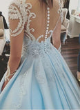 Attractive Satin Sheer Jewel Neckline Long Sleeves Wedding Dresses With Lace Appliques PFW0116