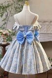 Blue and white dress with a large bow on a mannequin against a neutral background