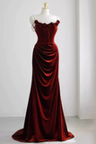 Wine Red Velvet Mermaid Straps Long Formal Dress, Floor Off Shoulder Prom Dress PFP2866