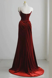 Wine Red Velvet Mermaid Straps Long Formal Dress, Floor Off Shoulder Prom Dress PFP2866