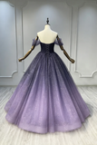 Purple evening gown on a mannequin against a gray wall.