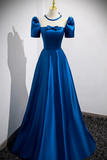 Short Sleeves Peacock Blue Satin Long Prom Dresses, Formal Evening Dresses PFP2957