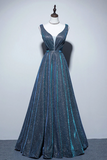 A Line V Neck Blue Long Prom Dress, Blue Formal Dresses PFP2973