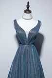 A Line V Neck Blue Long Prom Dress, Blue Formal Dresses PFP2973