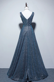 A Line V Neck Blue Long Prom Dress, Blue Formal Dresses PFP2973