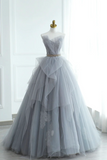 Gray Strapless Tulle Lace Long Prom Dress, A Line Evening Party Dress PFP2974