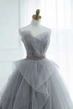 Gray Strapless Tulle Lace Long Prom Dress, A Line Evening Party Dress PFP2974