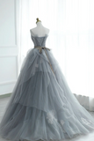 Gray Strapless Tulle Lace Long Prom Dress, A Line Evening Party Dress PFP2974