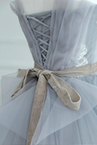 Gray Strapless Tulle Lace Long Prom Dress, A Line Evening Party Dress PFP2974