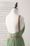 Green dress with brown belt on a mannequin against a white background