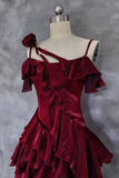 A Line Off Shoulder Silk Ruffles Burgundy Prom Dress, Burgundy Party Dress PFP2993