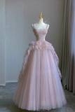 Pink Flowers Tulle with Lace Applique Straps Prom Dress, Low Back Party Dress PFP3006