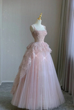 Pink Flowers Tulle with Lace Applique Straps Prom Dress, Low Back Party Dress PFP3006