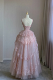 Pink Flowers Tulle with Lace Applique Straps Prom Dress, Low Back Party Dress PFP3006