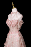 Pink Halter Off Shoulder 3D Floral Glitter Tulle Evening Gown PFP3013