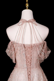 Pink Halter Off Shoulder 3D Floral Glitter Tulle Evening Gown PFP3013