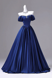 Blue Off Shoulder Satin Ball Gown, Crystal Sweetheart Corset Formal Evening Dress PFP3014