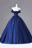 Blue Off Shoulder Satin Ball Gown, Crystal Sweetheart Corset Formal Evening Dress PFP3014
