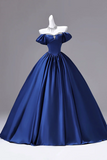 Blue Off Shoulder Satin Ball Gown, Crystal Sweetheart Corset Formal Evening Dress PFP3014