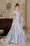 Lavender Silver Jacquard Off Shoulder Ball Gown, 3D Flower Tulle Train Formal Evening Dress PFP3015