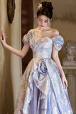 Lavender Silver Jacquard Off Shoulder Ball Gown, 3D Flower Tulle Train Formal Evening Dress PFP3015
