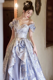 Lavender Silver Jacquard Off Shoulder Ball Gown, 3D Flower Tulle Train Formal Evening Dress PFP3015