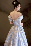 Lavender Silver Jacquard Off Shoulder Ball Gown, 3D Flower Tulle Train Formal Evening Dress PFP3015
