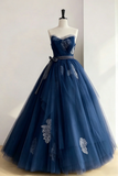 A Line Tulle Lace Floor Length Dark Blue Long Prom Dress PFP3018