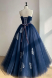 A Line Tulle Lace Floor Length Dark Blue Long Prom Dress PFP3018