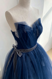 A Line Tulle Lace Floor Length Dark Blue Long Prom Dress PFP3018