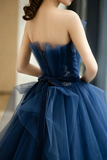 A Line Tulle Lace Floor Length Dark Blue Long Prom Dress PFP3018