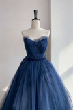 A Line Tulle Lace Floor Length Dark Blue Long Prom Dress PFP3018