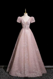 Blush Pink Lace Prom Dress V Neck A Line Evening Gown with Puff Sleeves PFP3019