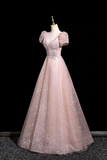 Blush Pink Lace Prom Dress V Neck A Line Evening Gown with Puff Sleeves PFP3019