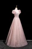Blush Pink Lace Prom Dress V Neck A Line Evening Gown with Puff Sleeves PFP3019