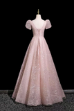 Blush Pink Lace Prom Dress V Neck A Line Evening Gown with Puff Sleeves PFP3019