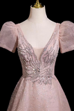 Blush Pink Lace Prom Dress V Neck A Line Evening Gown with Puff Sleeves PFP3019