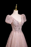 Blush Pink Lace Prom Dress V Neck A Line Evening Gown with Puff Sleeves PFP3019