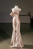 Champagne Off Shoulder Satin Mermaid Evening Gown, Elegant Long Prom Dress PFP3021