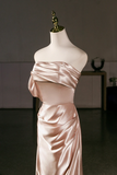 Champagne Off Shoulder Satin Mermaid Evening Gown, Elegant Long Prom Dress PFP3021