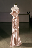 Champagne Off Shoulder Satin Mermaid Evening Gown, Elegant Long Prom Dress PFP3021